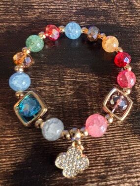 Multi Color Bead Stretch‎ Bracelet Rhinestone Clover Charm
